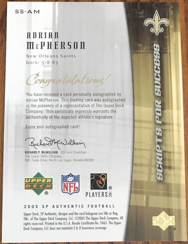 2005 SP Authentic Scripts For Success Autographs Adrian McPherson SS-AM - Image 2 of 2