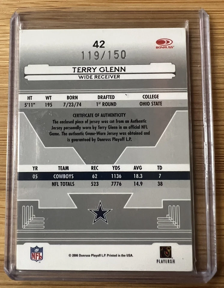 2006 Leaf Certified Materials Red Mirror Terry Glenn Game Used Jersey /150 - Image 2 of 3
