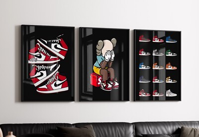 Set of 3 Sneaker Head Art pieces canvas wall art home decor