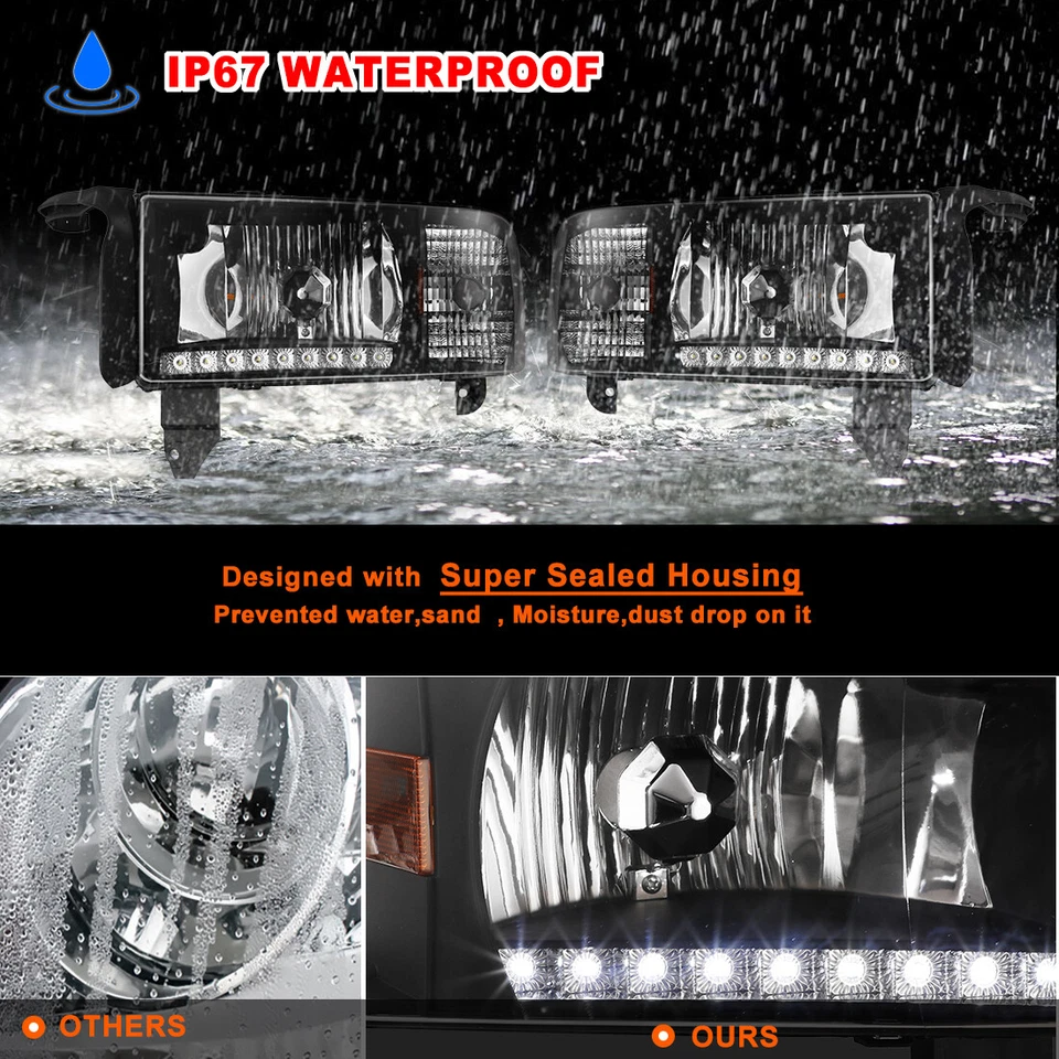 Headlights for 1994-2001 Dodge Ram 1500 2500 3500 Pickup Black Housing Headlamps - Image 2 of 4