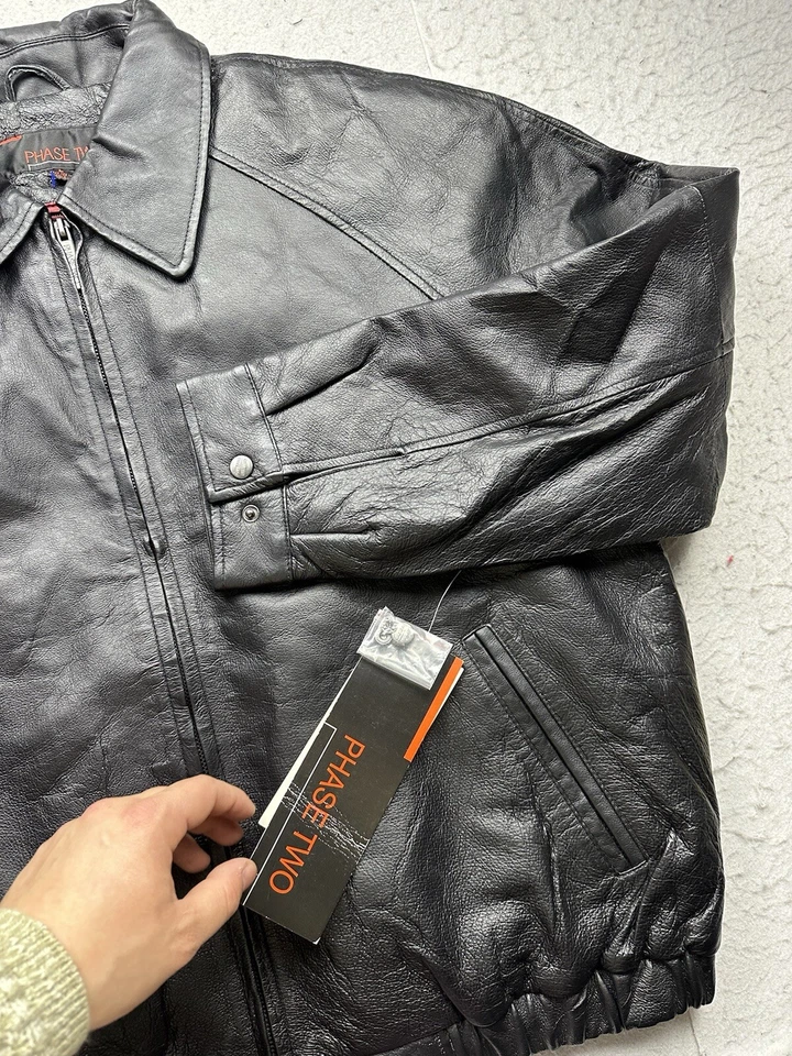Vintage Mens Phase Two Leather Bomber Pilot Jacket Full Zip 90s Size Large Black - Image 2 of 4
