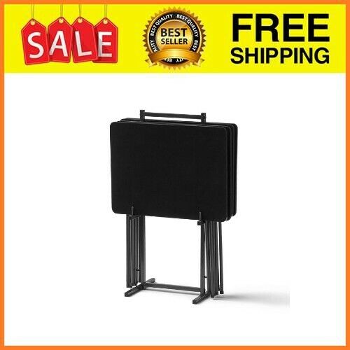 5-Piece Folding Tray Table Set with Stand, Black