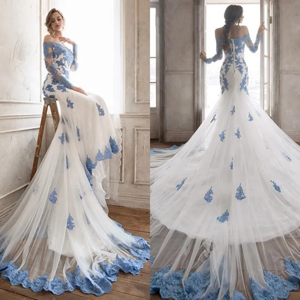 Elegant White Mermaid Wedding Dress Blue Appliques Strapless Lace Bridal  Gowns