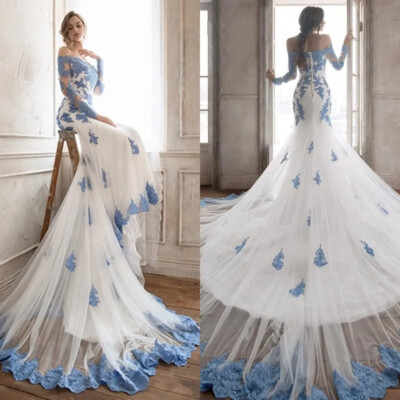 Elegant White Mermaid Wedding Dresses Blue Appliques Strapless Lace Long  Sleeve | eBay