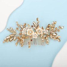 Bridal White Flower Champagne Gold Crystal Rhinestone Hair Comb for Bride Bri...