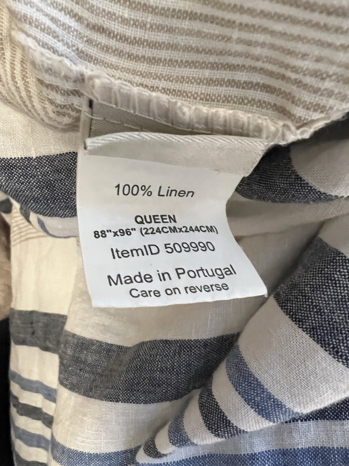 LL BEAN 100% Linen Blue White Tan Stripe Queen Duvet Cover Made In Portugal