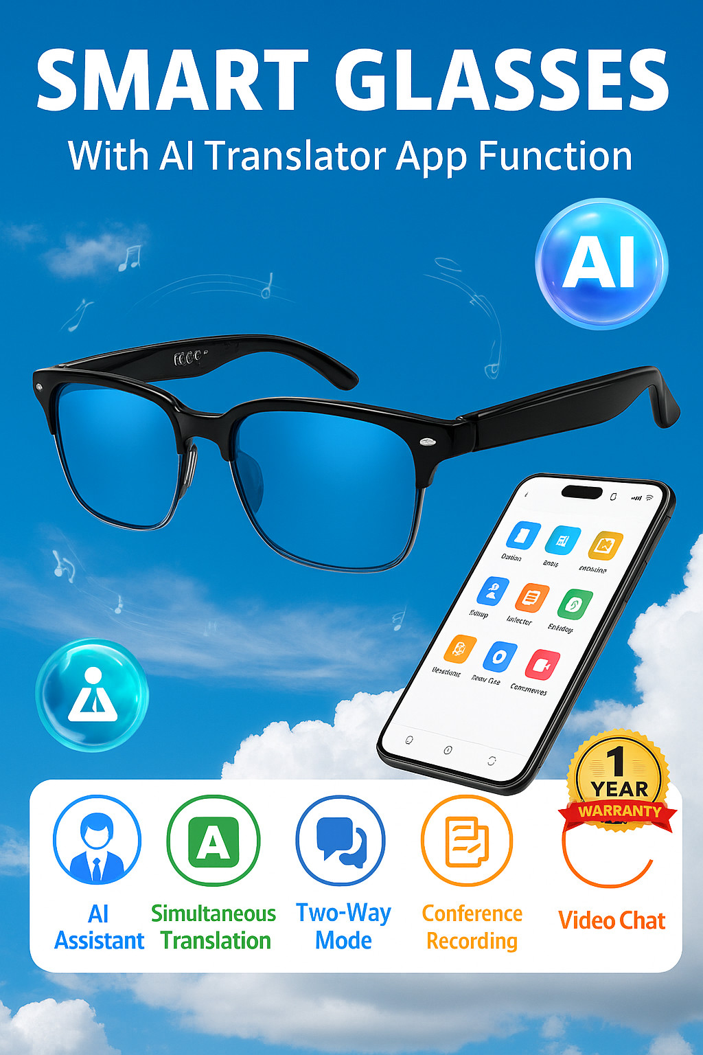 Bluetooth Smart Glasses with Speakers Eyewear Music Voice Translator Headphones