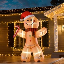 8ft Christmas Inflatable Gingerbread Man with a Candy Cane, Outdoor Blow-Up Y...
