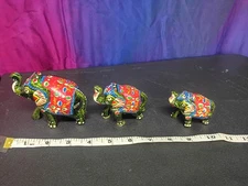 Hand Painted Indian Elephant Figurines Set of 3 Green Red Blue Lucky Trunk Up...