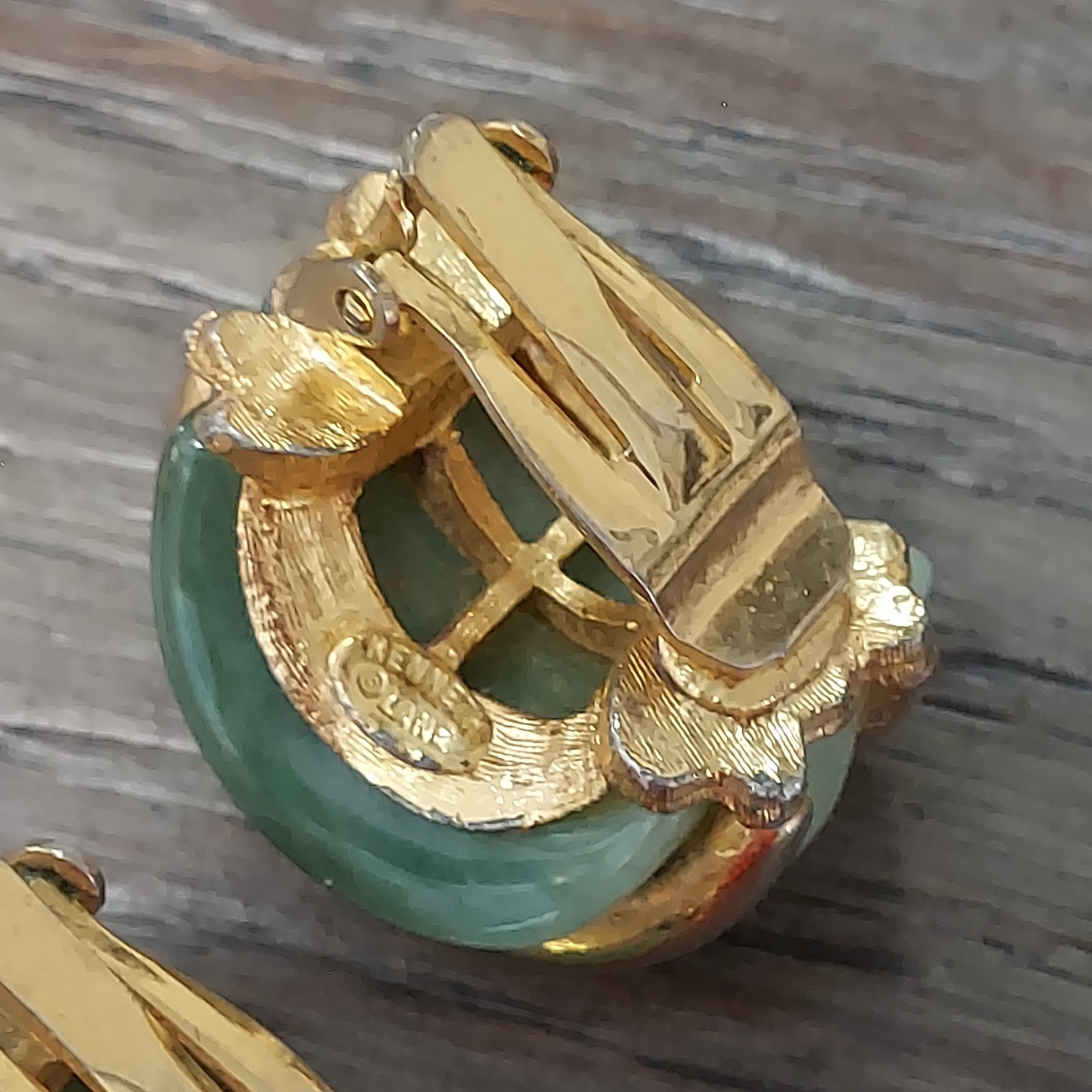 Vtg Kenneth Jay Lane KJL Jade Enamel Gold Clip On… - image 7