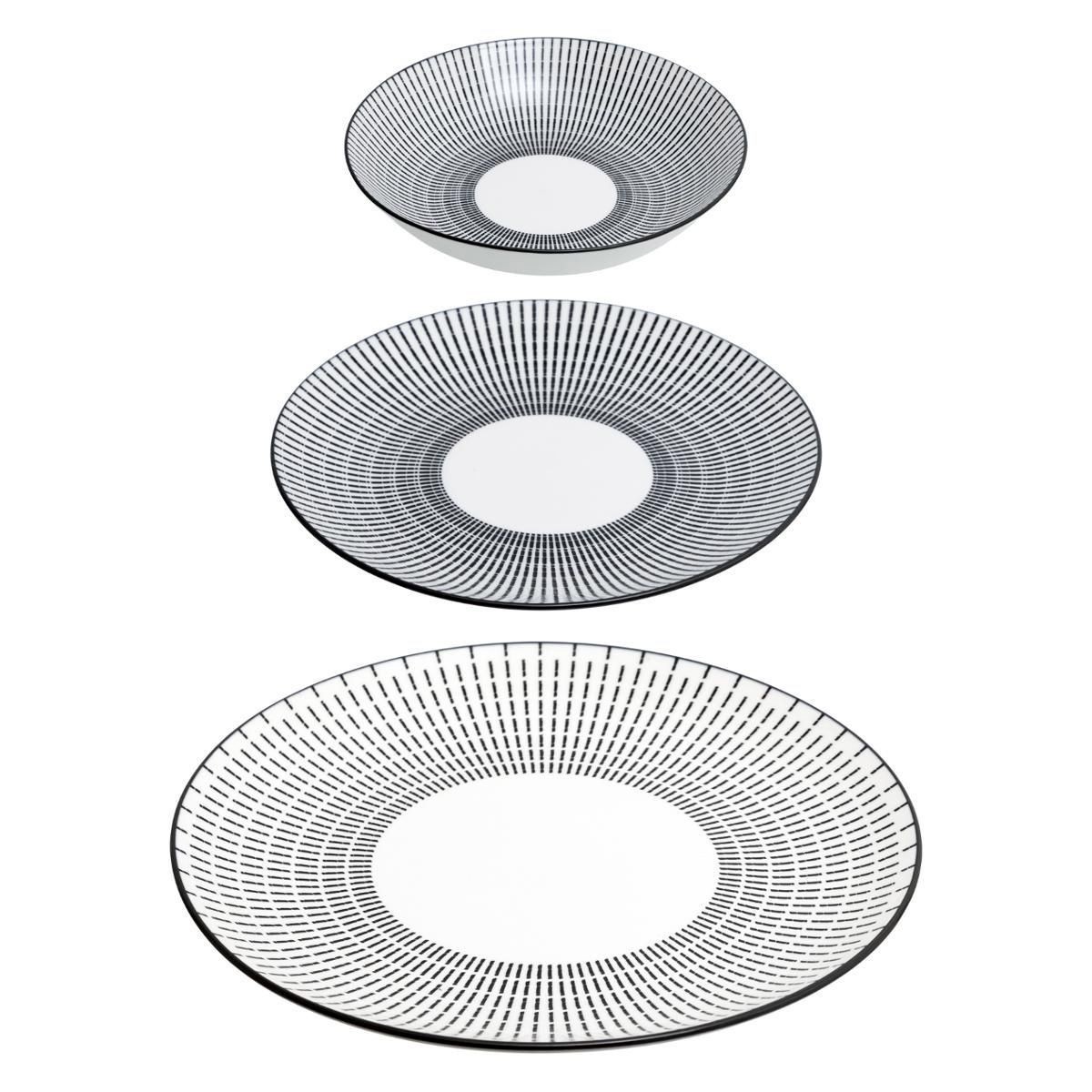 Service de table 18 pièces Lunis anti-rayures assiette 27cm noir blanc