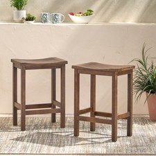 Outdoor Acacia Wood Counter Height Barstools, Set of 2, Dark Mahogany Brown