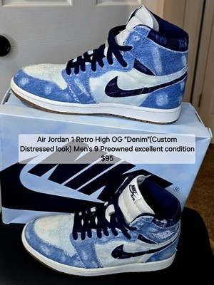 Air Jordan 1 Retro High OG Denim Custom Distressed Look Preowned Men's 9