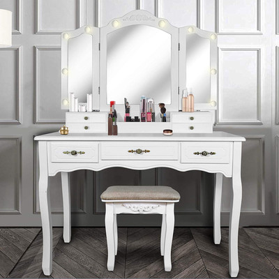 ENSTVER Vintage Vanity Desk with Mirror and Lights, Tri-Folding Mirrors, 6 Organ