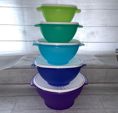 5 New (Old Stock) Tupperware Servalier Bowls 4 6 8 1217 cups Purple Blue Green