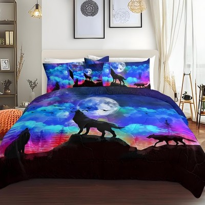 4pcs Wolf Comfoter Set Queen King Size, Evening Moon Wolf Howl Boys Bedding Set