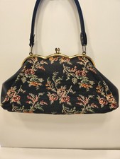 Vintage One Handle Tapestry Purse Black With Pink Roses  Metal Snap Closure
