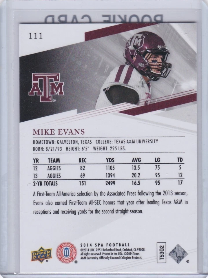 MIKE EVANS ROOKIE CARD 2014 Upper Deck SP Authentic A&M Aggies RC Tampa Bay Bucs - Image 2 of 2