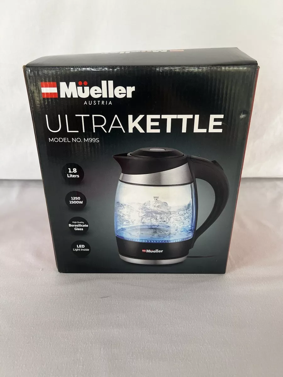 Mueller Ultra Kettle: Model No. M99S 1500W Electric Kettle with SpeedBoil Tech 1.8 Liter Cordless with LED Light Borosilicate Glass Auto Shut-Off