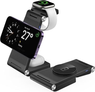 GEJIUCAI Magnetic Wireless Charger Stand 3 in 1 Foldable W327 - BLACK