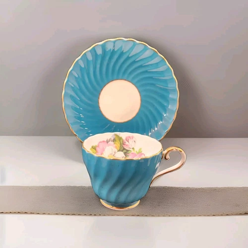 Vintage Blue Turquoise Aynsley England Bone China Floral Tea Cup & Saucer #1862
