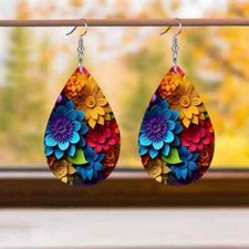 Colorful Flower Faux Leather Earrings Women Lightweight Teardrop Two-Sided Gift