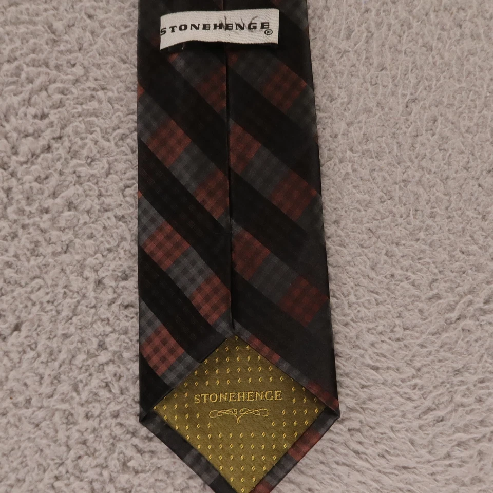 Corbata Stonehenge Marrón Negro Gris Rayas Cuadrados Cuadrados 100% Seda 3.75" Foto 2 de 4