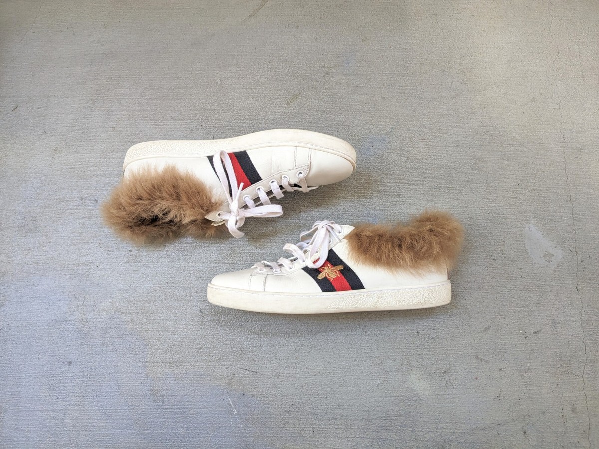 Gucci Ace Sneakers Embroidered Bee White Women 8 38 Fur Gucci Ace Sneakers Embroidered Bee White Women 8 38 Fur
