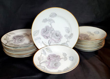 Vintage Japanese Shofu China Set of 8 Berry Bowls w/Underplates Grey Blush Roses
