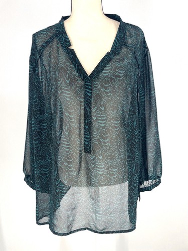 Sejour Bluse Damen 18W fließend leicht scharf 3/4 Arm grün schwarz V-Ausschnitt