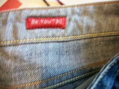 Pantalon Jeans Vintage BE YOU K GUENO - Taille Basse Slim - Taille 36 Bleu Usé Brodé - Occasion Très Bon état