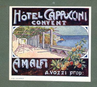 RARE Hotel luggage label ITALY Cappucini Convent Amalfi pretty design #397a