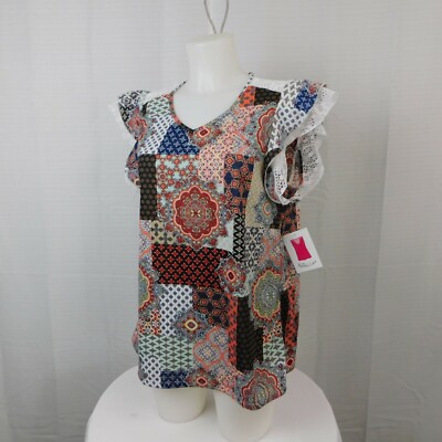 Bobbie Brooks Lace Trim Ruffled Flutter Sleeve Patchwork Print Top Medium #1888
