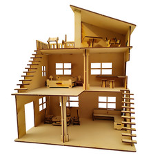 Wooden Dollhouse Plywood DIY Kit with Furniture & Stairs - Gift & School Project