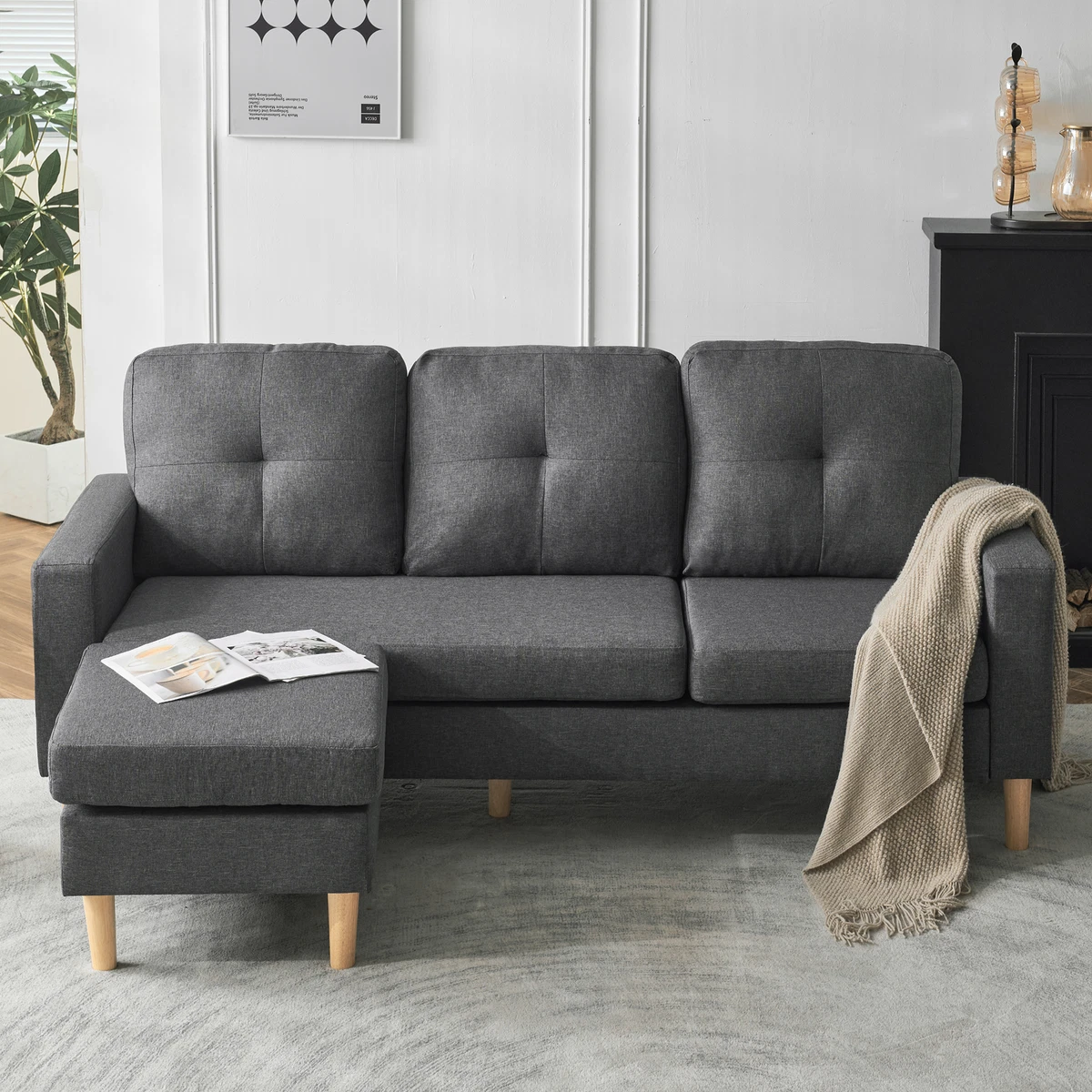 6.5ft L Shaped Corner Sofa 3 Seater Armchair Couch toffee seat With Footstool