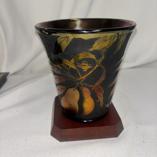 Fenton Kelsey Murphy Sand Carved Vase W/ Pears & Bees. Black Marigold Prototype