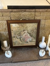 Fireplace Screen Brass Wooden Frame Early 20th Century Antique Vintage