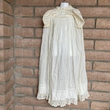 Antique Christening Dress Gown 38 Long Beige Heirloom Lace Eyelets Embroidered