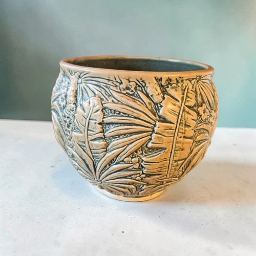 Weller Marvo Pottery Planter Bowl Floral Relief Green Interior Vintage USA