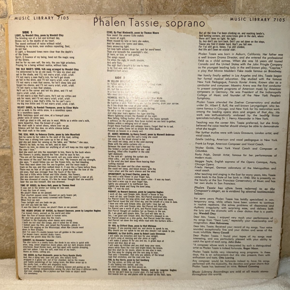 1965 PHALEN TASSIE Soprano Sings Music Library 7105 Lero Miller LP Vinyl Vintage