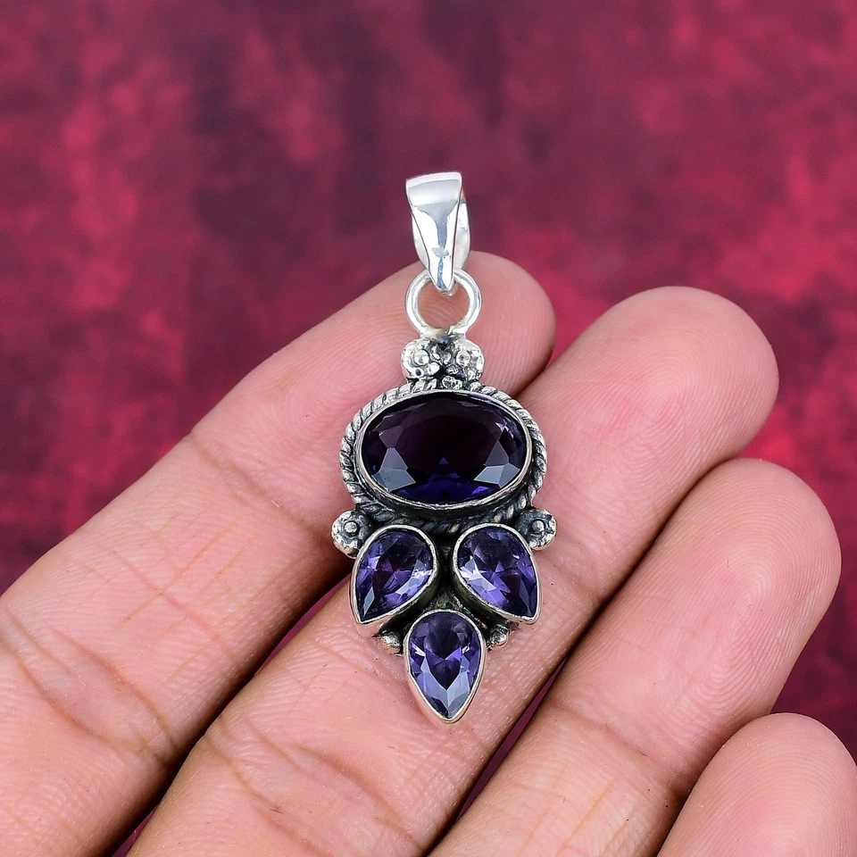 Piedras preciosas de amatista hechas a mano de plata de ley 925 colgante joyería para acción de gracias Foto 2 de 4