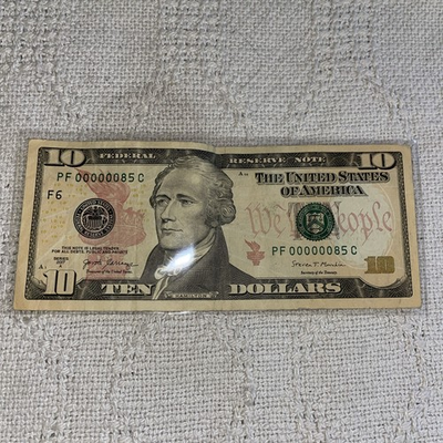 #ad U.S. $10 Bill 2017A Low Serial Number PF00000085C Fold And Few Creases $200.00