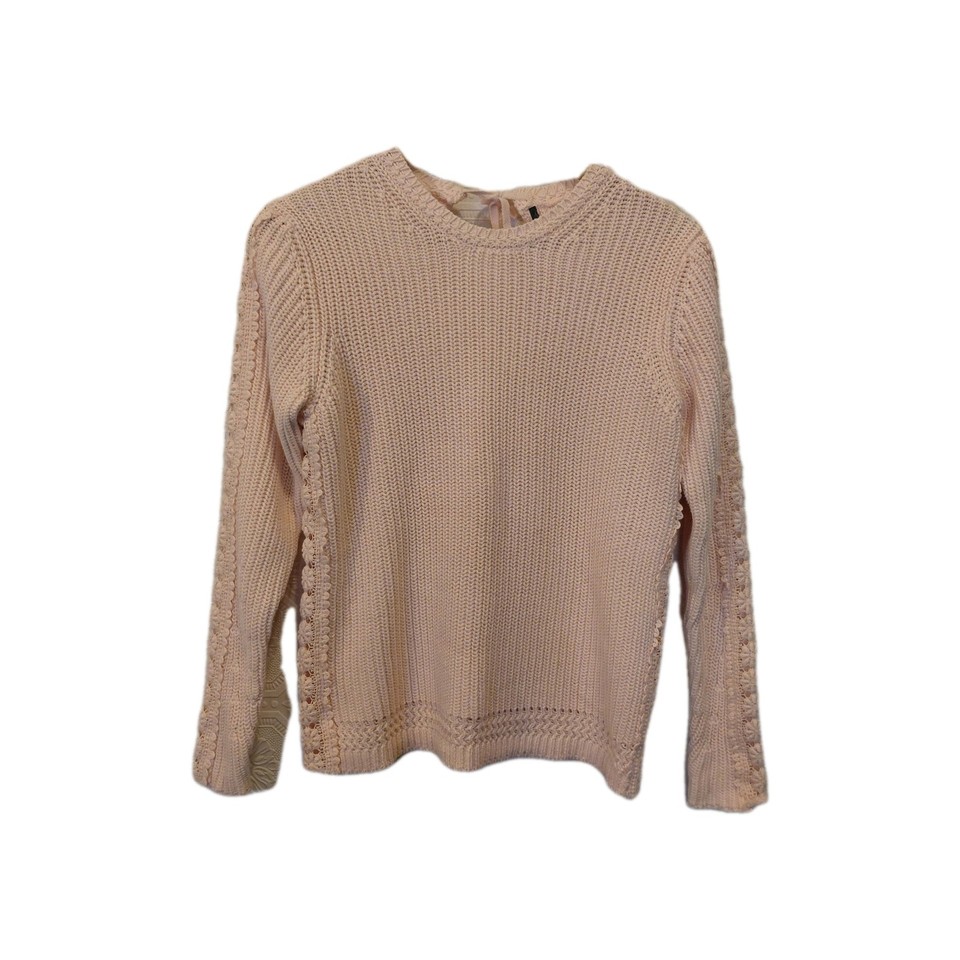 M&S Pink Cable Knit Rib Cotton Jumper Crochet Lace Sleeve Coquette Balletcore  S