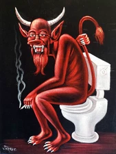Red Devil smoking a cigarette on the toilet bano , size 24"x18", oil on velvet