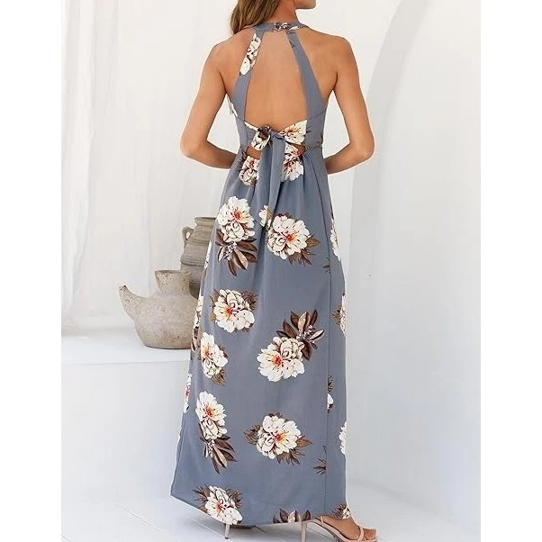 gray halter dress Grey A-line Rhinestone Beaded Chiffon Halter Long Prom Dresses, MP250