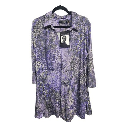 Attitudes by Renee Purple Gray Animal Print Collared Tunic Top Pockets Large NEW