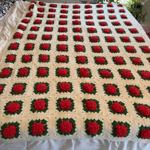 Hand Made Crochet Granny Square 3D Rose Floral Afghan Blanket Red 76"x57"