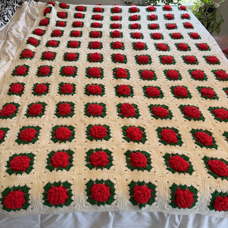 Hand Made Crochet Granny Square 3D Rose Floral Afghan Blanket Red 76"x57"