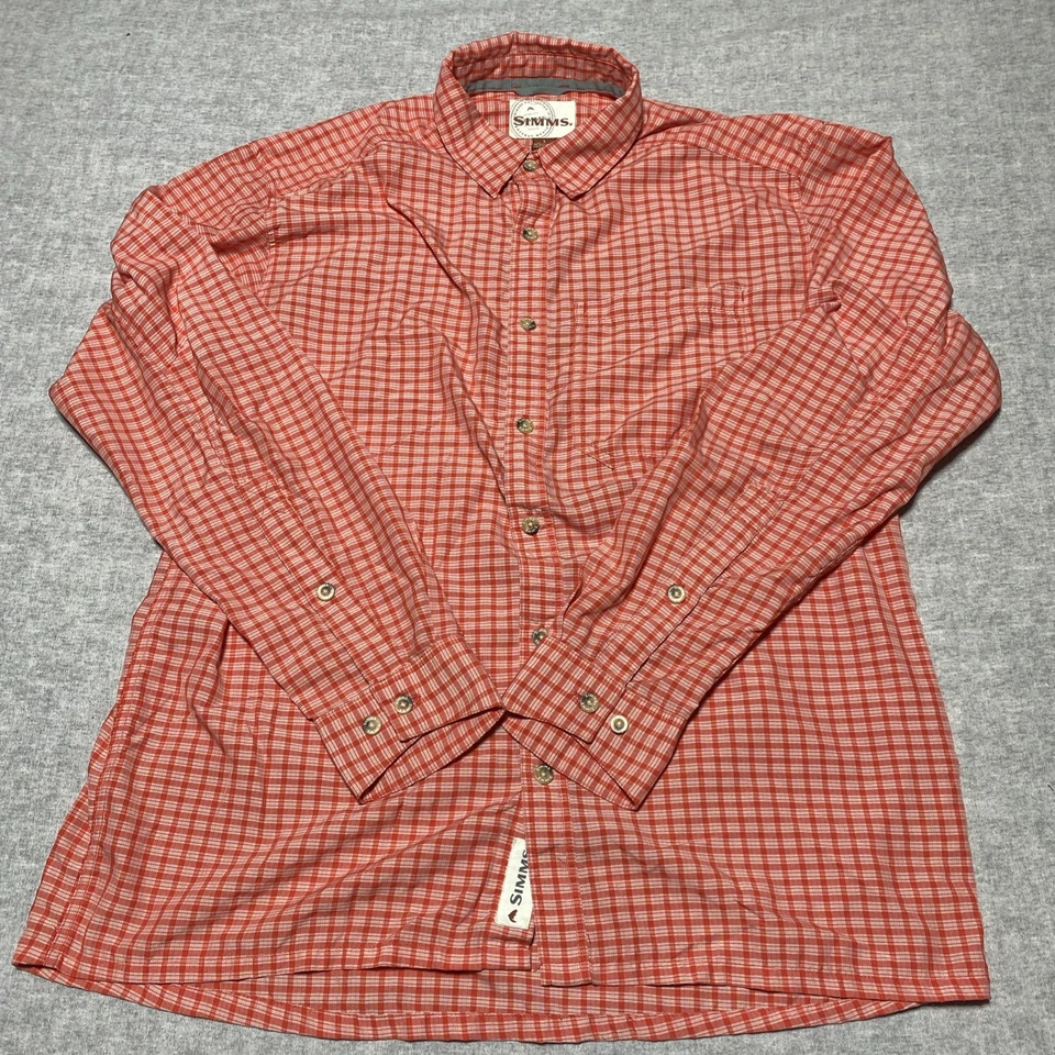 Simms Shirt Mens Large Orange Fishing Check Nylon Blend Button Outdoors Nature - Image 2 of 4