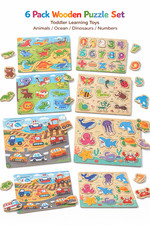 6 Pack Wooden Toddler Puzzles Montessori Learning Toys Animals Ocean Dino Number